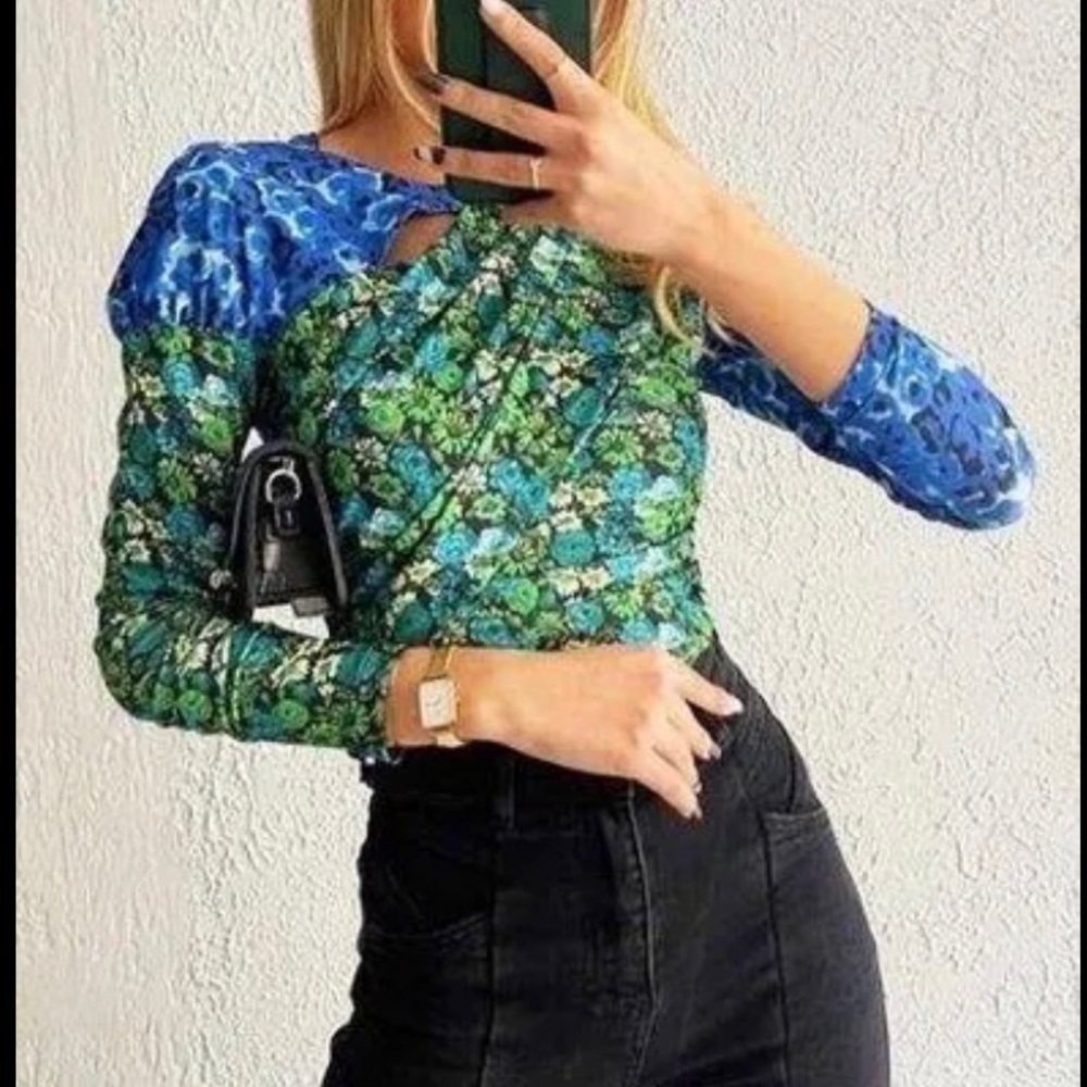 Zara draped print top blue/green